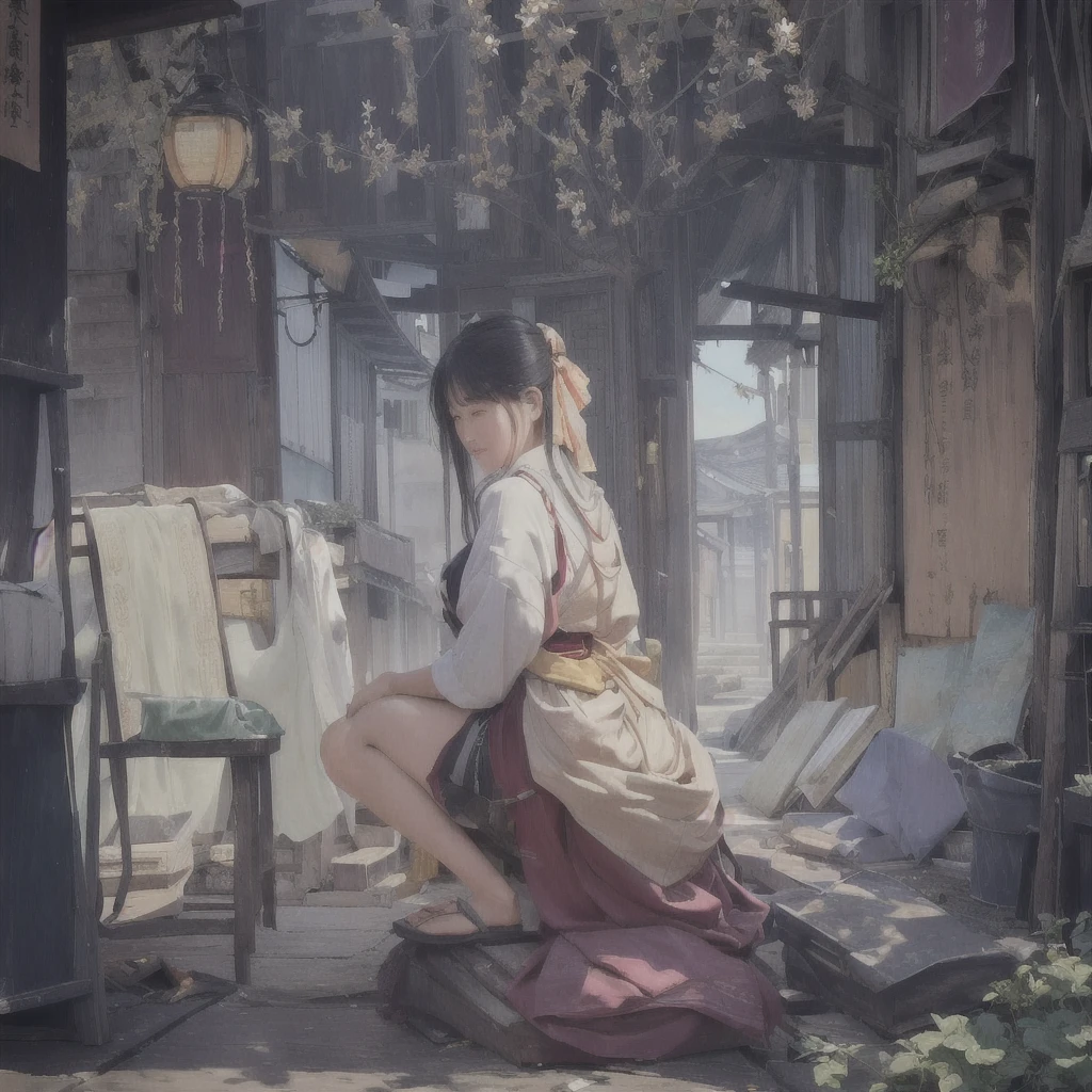 Anime style painting of a woman sitting on a bed in a room, Gwaiz on pixiv artstation, Digital art on pixiv, Gwaiz on artstation pixiv, artstation pixivでトレンド, Beautiful anime art, Beautiful anime girl crouching, Gwaiz, artwork in the style of Gwaiz, by Xiawei1. Scenery and Cityscape in the Early Meiji Era
After the Meiji Restoration, Japan underwent rapid modernization and civilization. Consequently, many changes and reforms occurred. Below is a detailed explanation of the scenery, appearance of the poor, occupations, and cityscapes in the early Meiji period (1868 to the early 1880s).

2. Appearance of the Poor
Life for the impoverished and lower classes remained harsh. In particular, in urban areas, people migrated from rural areas or unemployed artisans gathered, intensifying competition in the labor market. Many of them struggled with poverty, often residing in slums or around temples.

3. Occupations
Meiji early Japan witnessed a diversification of occupations. Traditional agriculture and handicrafts were accompanied by the rise of modern industry and commerce. Particularly in urban areas, factory workers, shop clerks, and transporters increased, giving rise to new professions. However, many in these occupations endured harsh working conditions.

4. Influence of Civilization and Enlightenment
During the Meiji era, Western cultural influences spread rapidly. Changes in clothing, dietary habits, and the proliferation of Western-style architecture advanced, especially in urban areas. Conversely, this development posed a threat to traditional culture and lifestyles, resulting in societal upheaval and adaptation challenges.

5. Social Change and Policy Influence
While promoting modernization policies, the government also addressed poverty and social issues. Legislation for labor protection and charitable activities to aid the poor were implemented. Nevertheless, living conditions for the impoverished scarcely improved.

The early Meiji period marked a rapid transformation in Japan, with complex social landscapes involving challenges fa