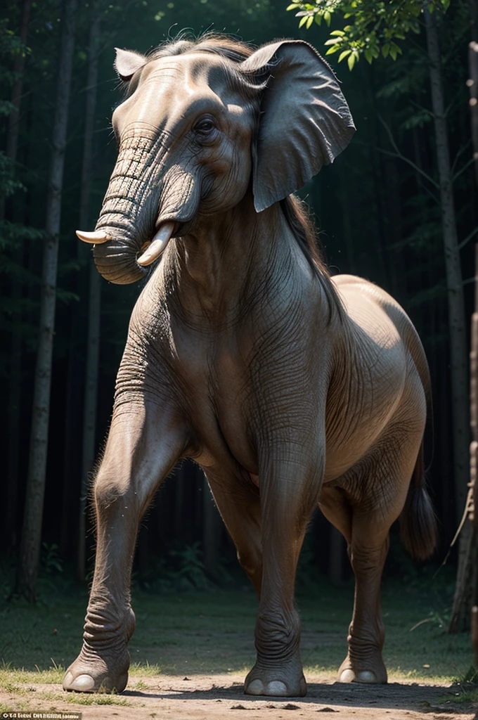 Create an ultra-realistic image of a magical creature that combines elements of an elephant and a horse, inspired by Greek mythology. This unique creature should have the majestic body and strength of an elephant, but with the elegance and grace of a horse.
The creature's body should be massive and muscular, covered in a thick, leathery skin that resembles the texture of an elephant's hide but with a sleek, glossy sheen. Its legs should be long and powerful, similar to a horse's, allowing it to move with both strength and agility. The feet should end in large, rounded hooves that combine the features of both animals.
The creature's head should blend the features of both an elephant and a horse. It should have a long, graceful neck like a horse, but with the iconic trunk of an elephant, which should be adorned with intricate, mystical patterns glowing faintly. The ears should be large and fan-like, similar to an elephant's, but with a more streamlined and elegant shape. The eyes should be large, expressive, and filled with wisdom, reflecting the creature's ancient and magical nature.
The creature should have a flowing mane like a horse, but made of shimmering, ethereal strands that ripple and glow with magical energy. The tail should also blend elements of both animals, being long and powerful like an elephant's, but ending in a tuft of flowing hair like a horse's mane.
The setting should be a mystical, enchanted forest with towering ancient trees, glowing plants, and a magical, ethereal atmosphere. The creature should be depicted in a majestic pose, perhaps rearing up on its hind legs or gracefully striding through the forest. The overall scene should evoke a sense of awe and wonder, highlighting the beauty and power of this unique, mythical creature