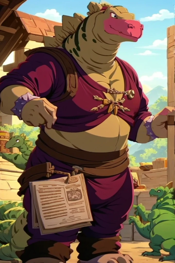 solo, anthro, kobold, green scales, chubby, large belly, extremely fat cheeks, wearing brown tunic, wearing cape, wearing brown boots, inside cave, standing, holding a paper map, reading the map