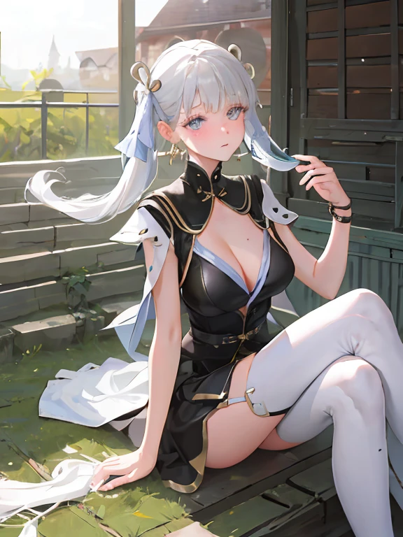 masterpiece,official art,extremely detailed cg unity 8k wallpaper,highly detailed,absurdres,8k resolution,1girl, solo, long hair, breasts, looking at viewer, blush, bangs, large breasts, simple background, hair ornament, thighhighs, white background, ribbon, cleavage, twintails, jewelry, medium breasts, sitting, very long hair, closed mouth, hair ribbon,
white hair, grey hair, earrings, mole, white thighhighs, grey eyes, mole under eye, mole on breast,