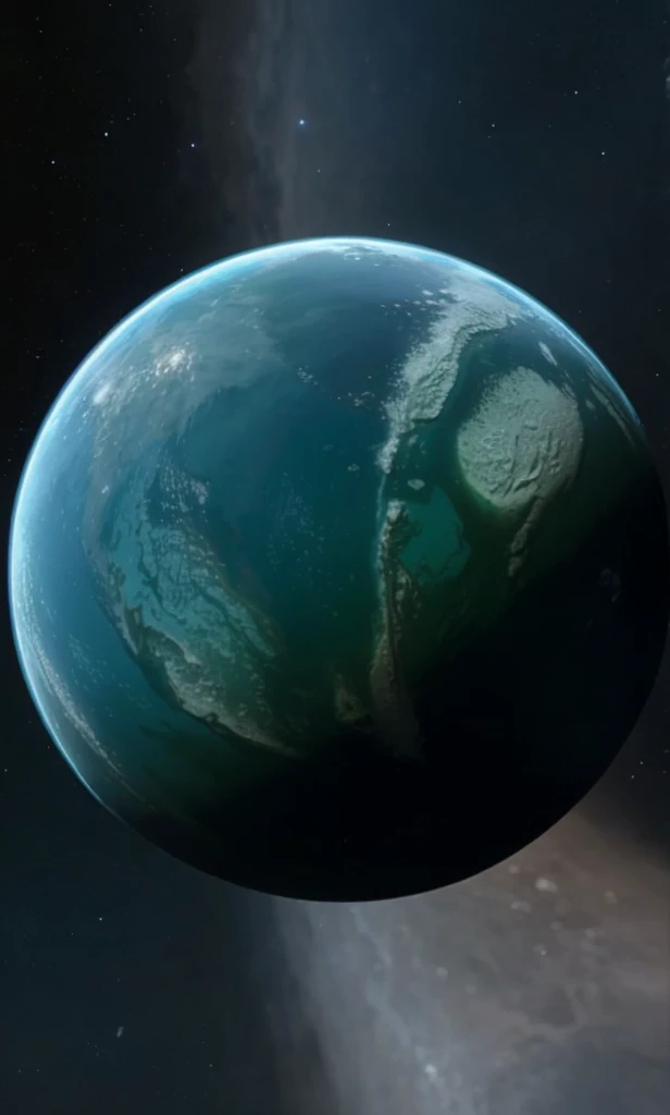 Water planet comprised completely of water except for a tiny bit of land mass. Underwater fauna and flora heavily prevalent. Vibrant colors, space, view from the orbit, whole planet visible, seen from far away like other planet or moon