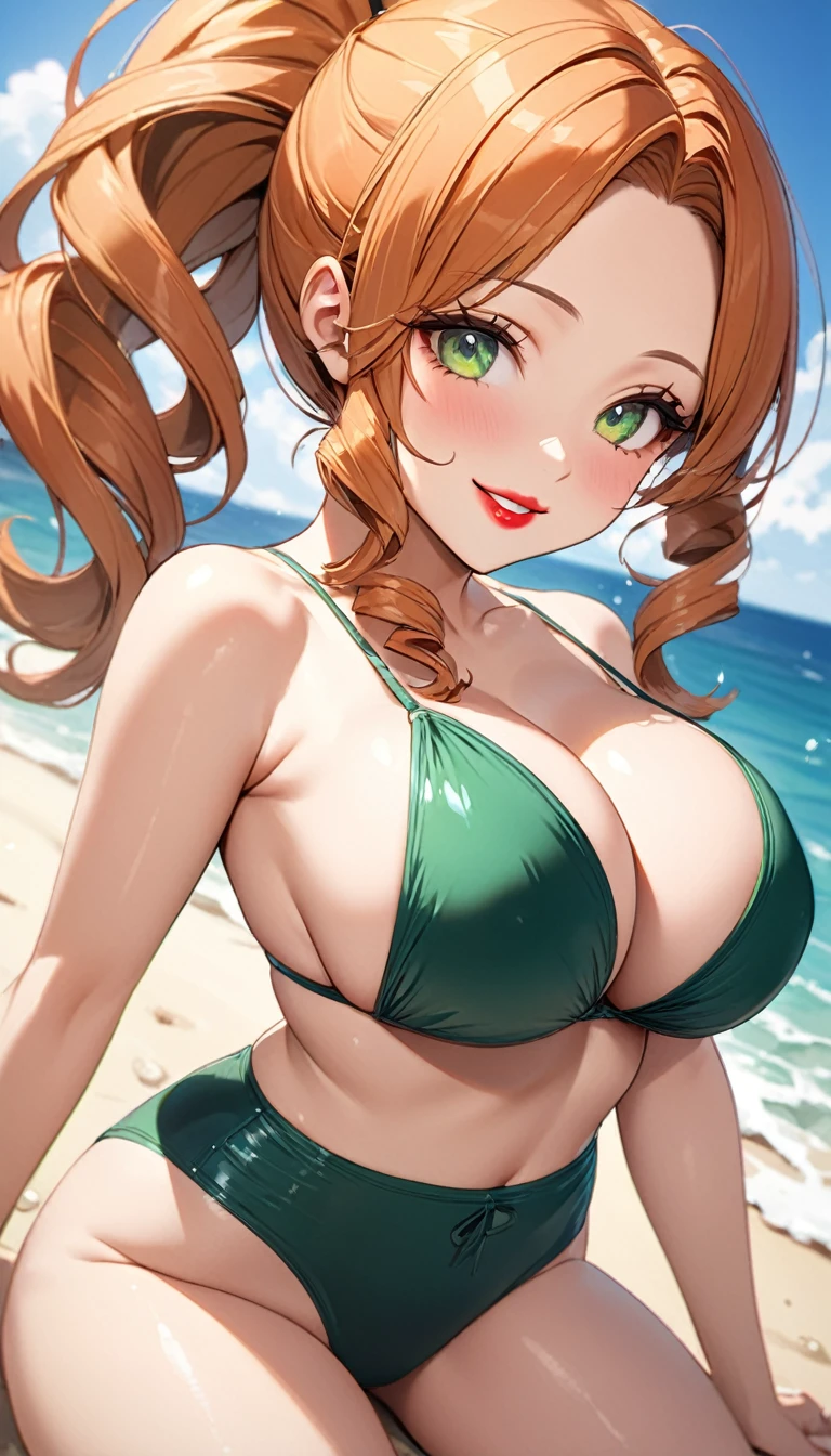 (Highest quality,4K,8K,High resolution,masterpiece:1.2),Super detailed,A 32-year-old woman、(((mature female))), (((milf))), (((tareme))), Best Bust、large breasts, Beautiful Eyes、orange hair、moss green eyes、Red lips, ((pony tail)), (drill hair), ((forehead)),  Very cute face, Glossy Lips, Double eyelids on both eyes,Natural smile、Sexy ass、Natural Makeup, Long eyelashes, Shiny and smooth hair、Dynamic Angle、changing panties, underboob, low angle shot,  On the beach、blue sea、Shallow depth of field