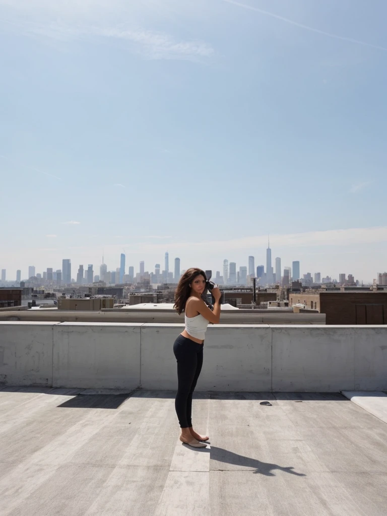 a photo of a woman on a rooftop with the skyline in the background using a phone from 2010, (((infinite focus))), the shot is wide and long