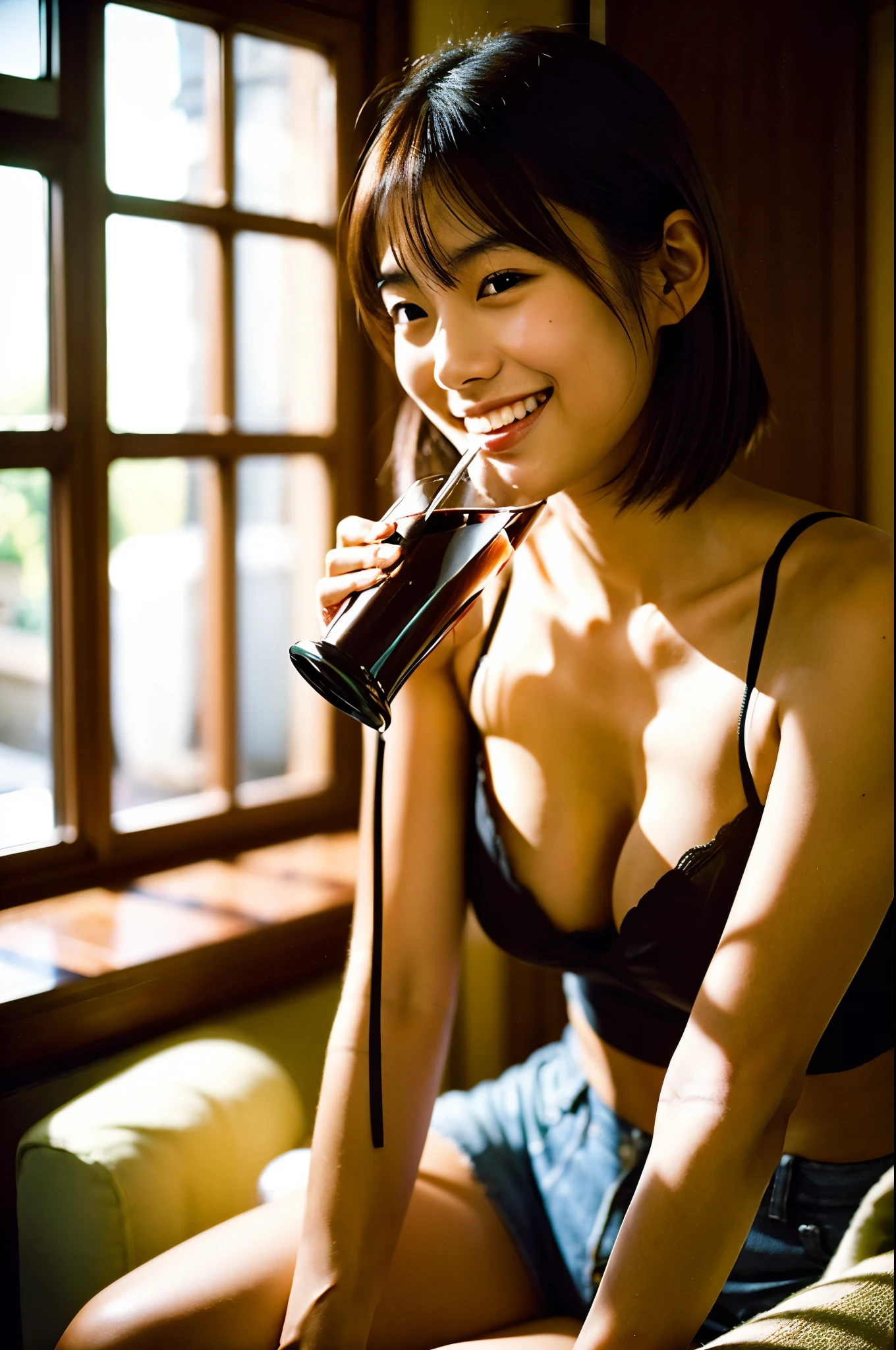 Very cute 20 year old Japanese woman, corners of mouth turned up, gentle smile, muffin top, detailed face, detailed body with nice curves, drinking wine in the living room. Late night, movie photography, Leica 50 mm prime lens, Cine Steel 800T film, art color photography