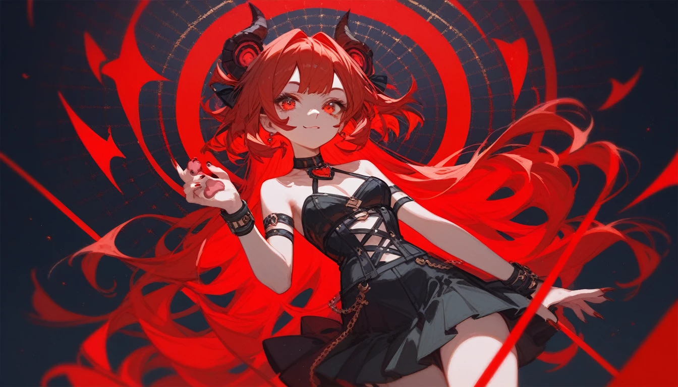 (Fraction_9,Fraction_8_Direction_7_up),1 girl,Devil Girl,Red hair,Red Eyes,wing,paw,Black skirt,beautiful_Face,