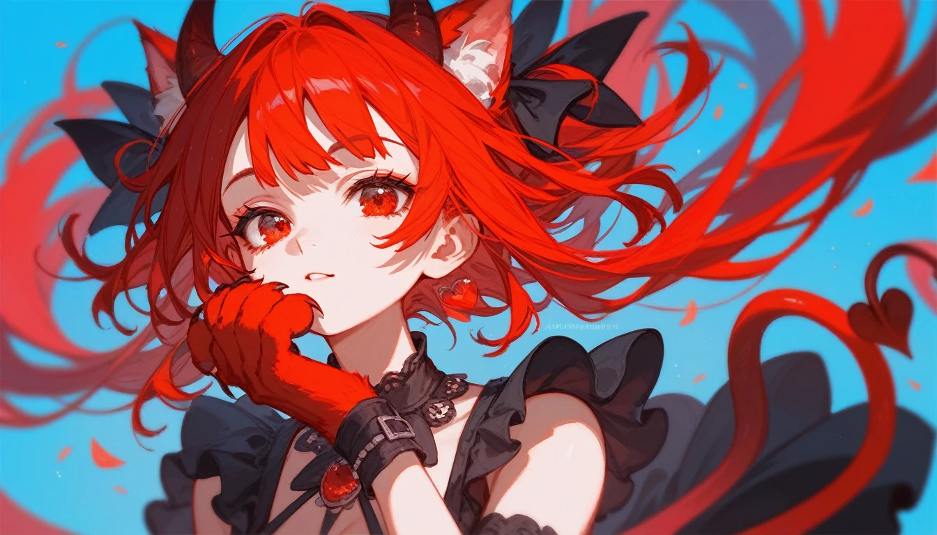 (Fraction_9,Fraction_8_Direction_7_up),1 girl,Devil Girl,Red hair,Red Eyes,wing,paw,Black skirt,beautiful_Face,