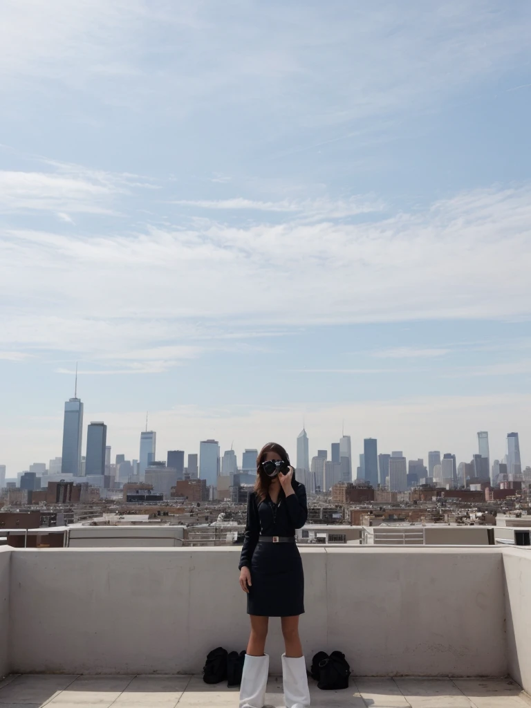 a photo of a woman on a rooftop with the skyline in the background using a phone from 2010, (((infinite focus))), the shot is wide and long
