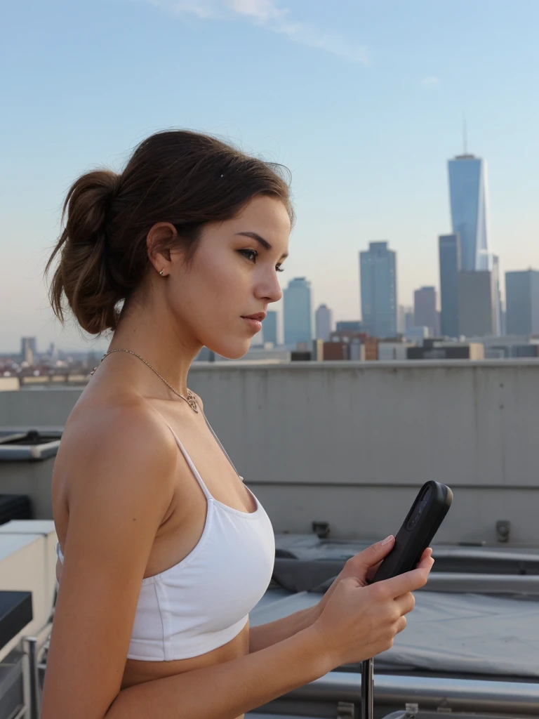 a photo of a woman on a rooftop with the skyline in the background using a phone from 2010, (((infinite focus))), the shot is wide and long
