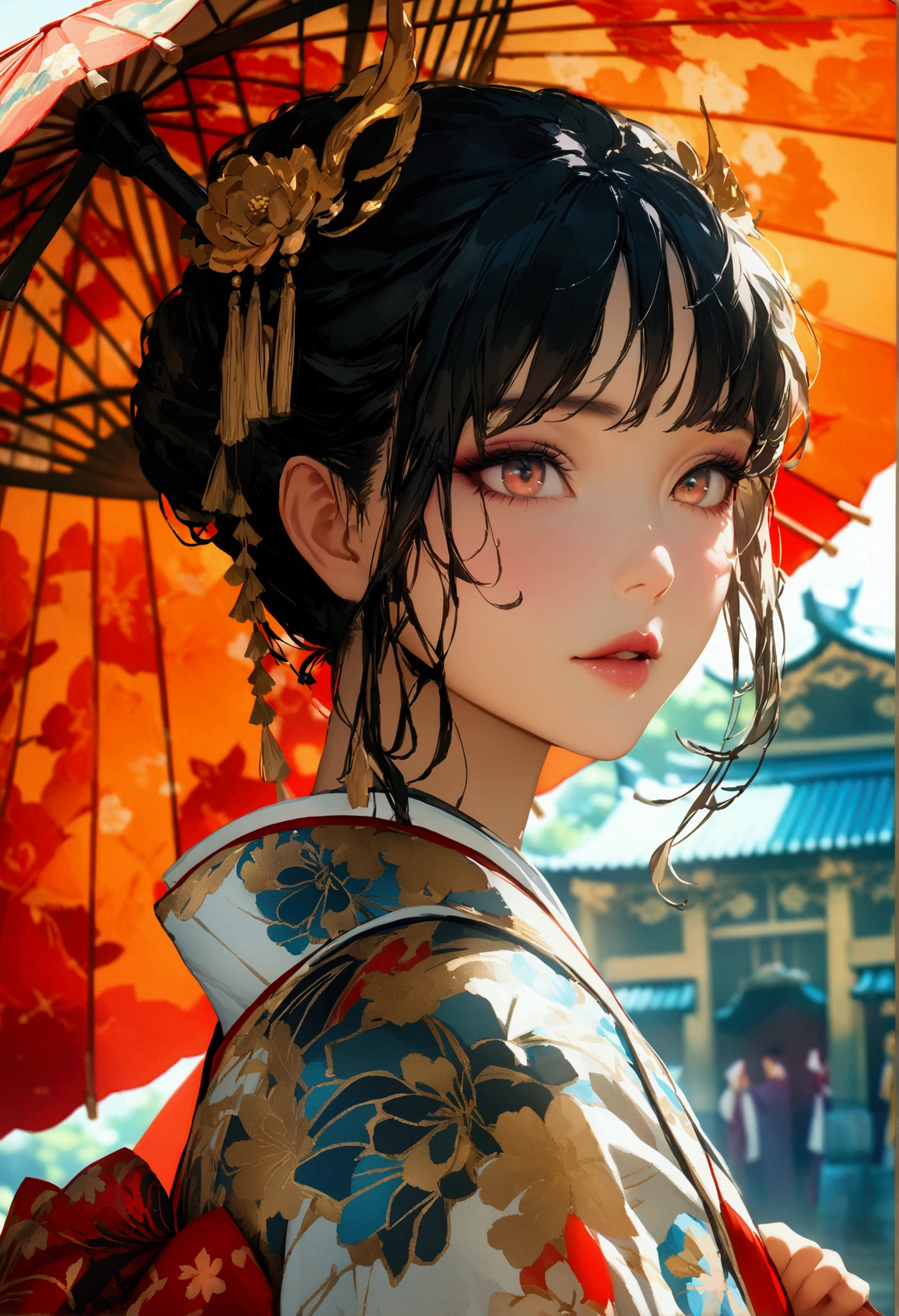 masterpiece, close up, A hyper-realistic masterpiece featuring a beautiful, elegant woman wearing traditional Japanese clothing. Hyperdetailed face and eyes, She holds a colorful umbrella and walks into a palace. The scene is inspired by ancient Japanese beauties and princesses, with a harmonious blend of traditional Japanese art. The image is of the highest quality, ultra-high definition (UHD), and captures the essence of Japan’s Emperor’s dynasty, UHD, best resolution, portrait, 28K.