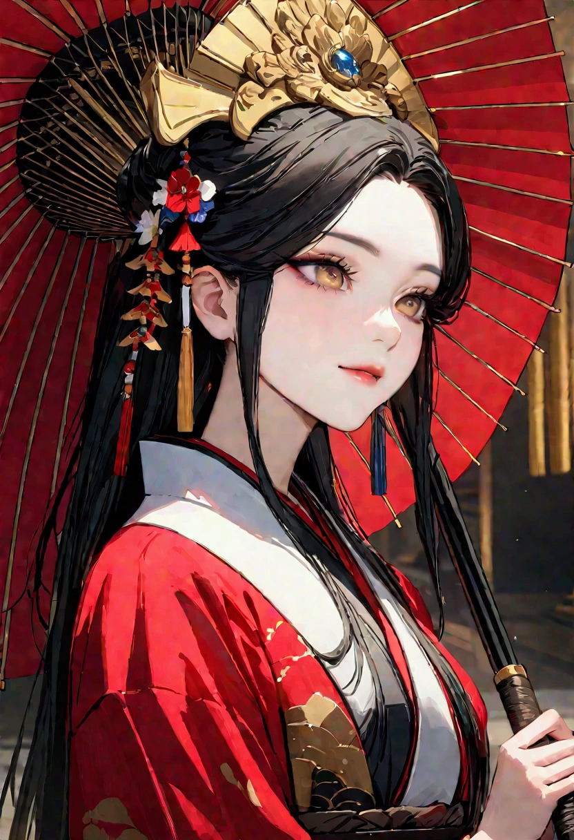 masterpiece, close up, A hyper-realistic masterpiece featuring a beautiful, elegant woman wearing traditional Japanese clothing. Hyperdetailed face and eyes, She holds a colorful umbrella and walks into a palace. The scene is inspired by ancient Japanese beauties and princesses, with a harmonious blend of traditional Japanese art. The image is of the highest quality, ultra-high definition (UHD), and captures the essence of Japan’s Emperor’s dynasty, UHD, best resolution, portrait, 28K.