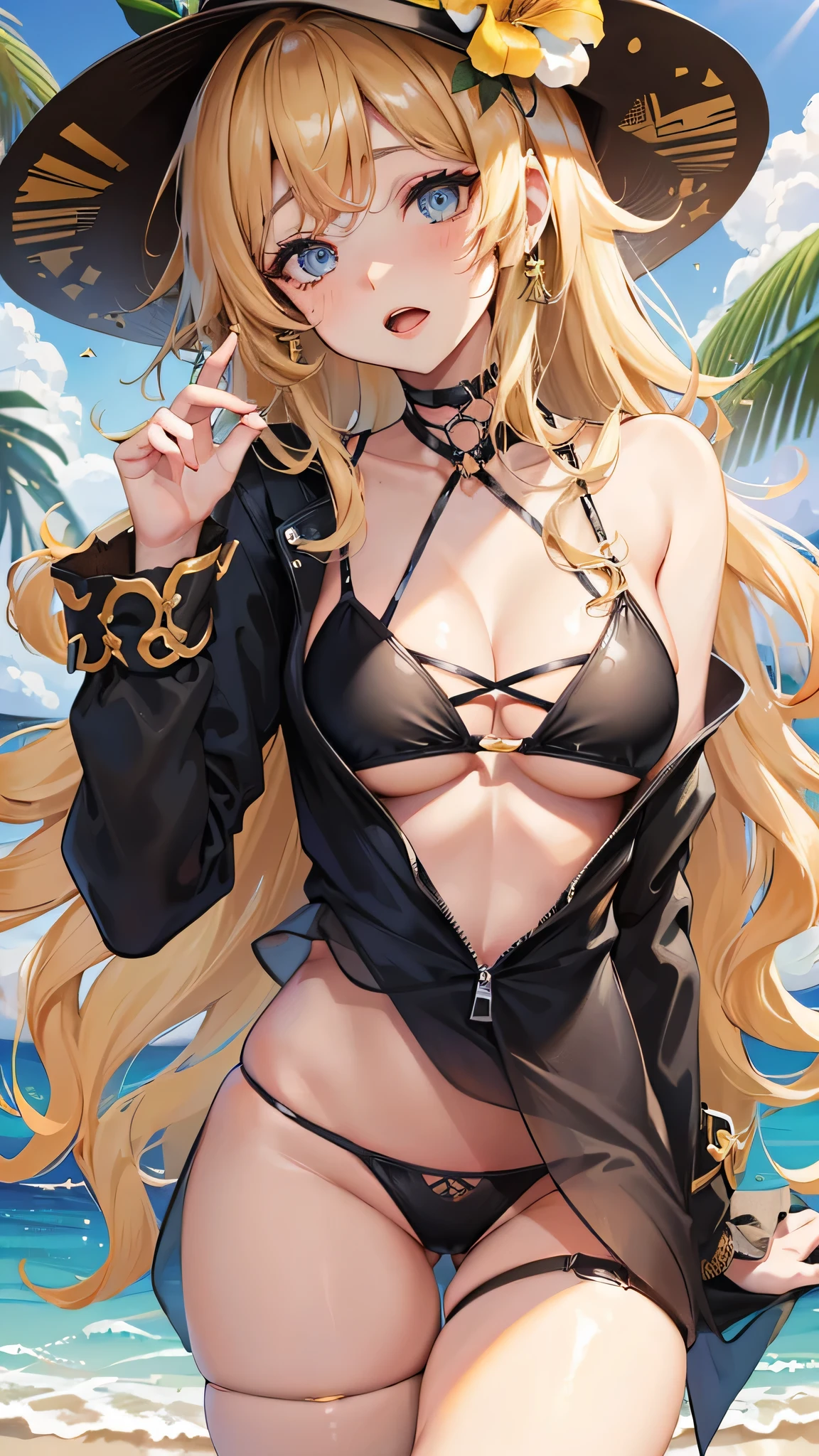 1 woman (navia) ,(genshinimpact ),blonde,(wavy hair curl),  blue eyes ,blush ,open mouth, looking at viewer, bikini (yellow,black) ,[ hat (black) ,flower on hat (yellow ,golden)], tropical ,morning, big breasts, 