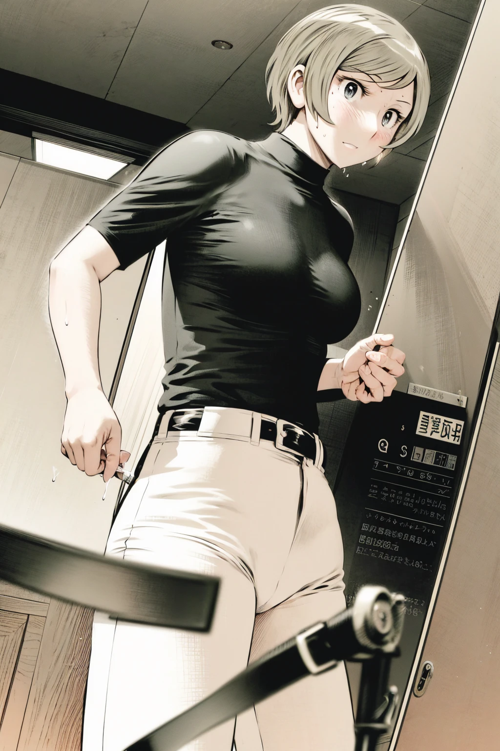 、(masterpiece、Highest quality)、Highest quality, Ultra-high resolution, (((masterpiece))), alone, Sweat、Big eyes,Tight black shirt、Tight white pants、belt、indoor、Composition from the front、(Cut the back hair short、short hair、blonde、woman)、Shortcuts、Embarrassed face、Cut your hair short、可愛いwomanの子、Big Breasts、office