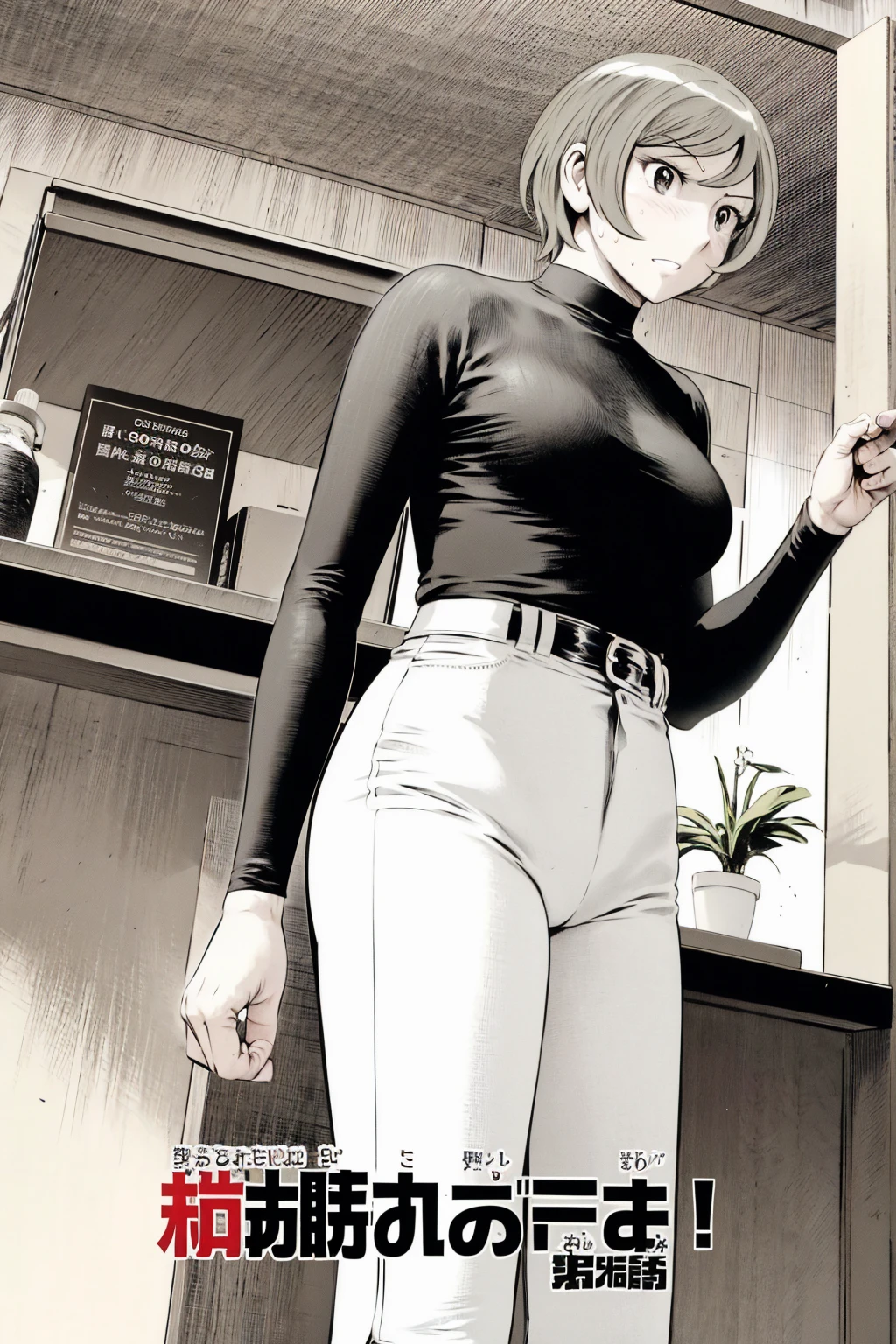 、(masterpiece、Highest quality)、Highest quality, Ultra-high resolution, (((masterpiece))), alone, Sweat、Big eyes,Tight black shirt、Tight white pants、belt、indoor、Composition from the front、(Cut the back hair short、short hair、blonde、woman)、Shortcuts、Embarrassed face、Cut your hair short、可愛いwomanの子、Big Breasts、office