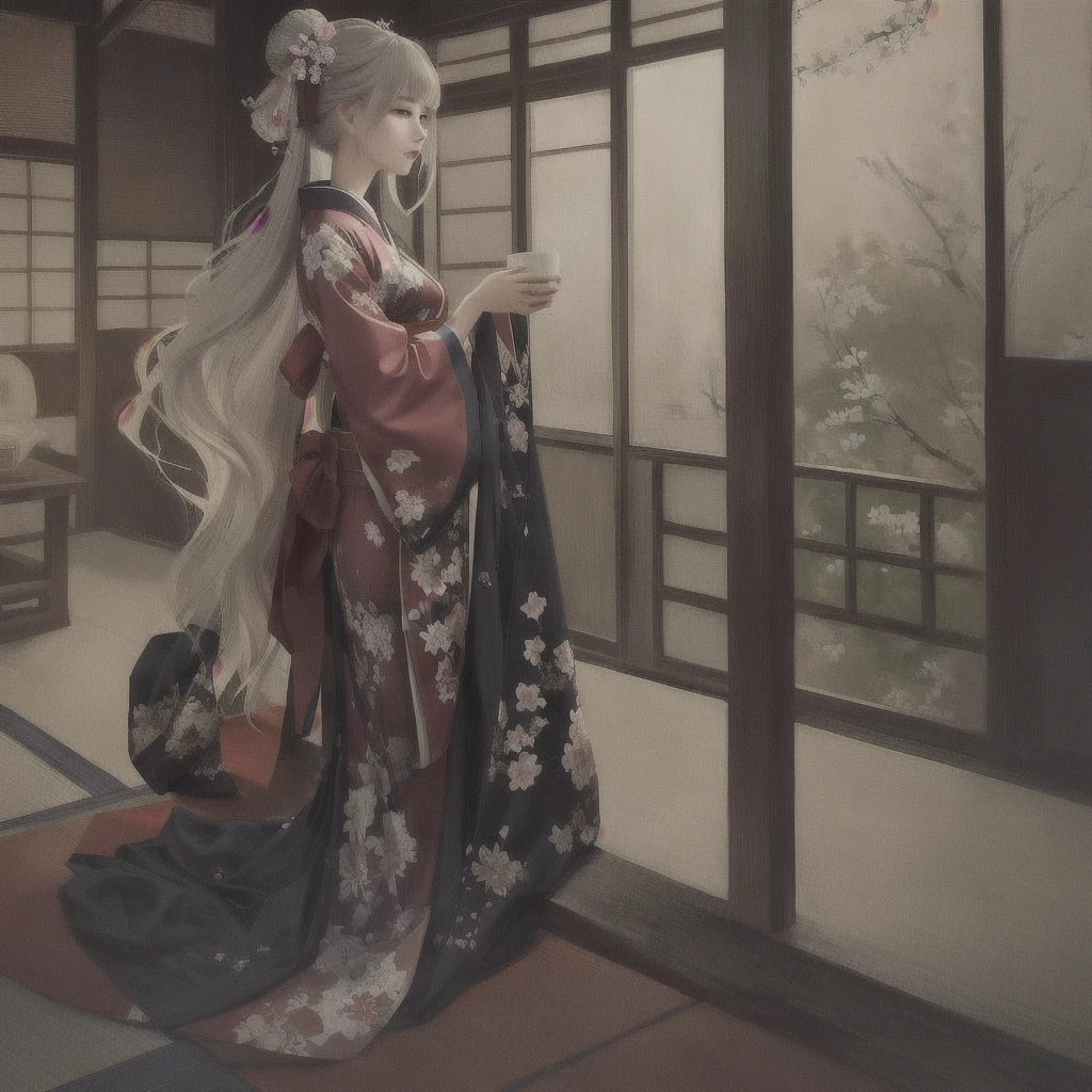 anime - style woman In kimono outfit holding a cup of coffee, Gwaiz on pixiv artstation, Gwaiz on artstation pixiv, artwork in the style of Gwaiz, Gwaiz, palace ， Girl in Hanfu, Gwaiz masterpiece, Digital art on pixiv, artstation pixivでトレンド, In kimono