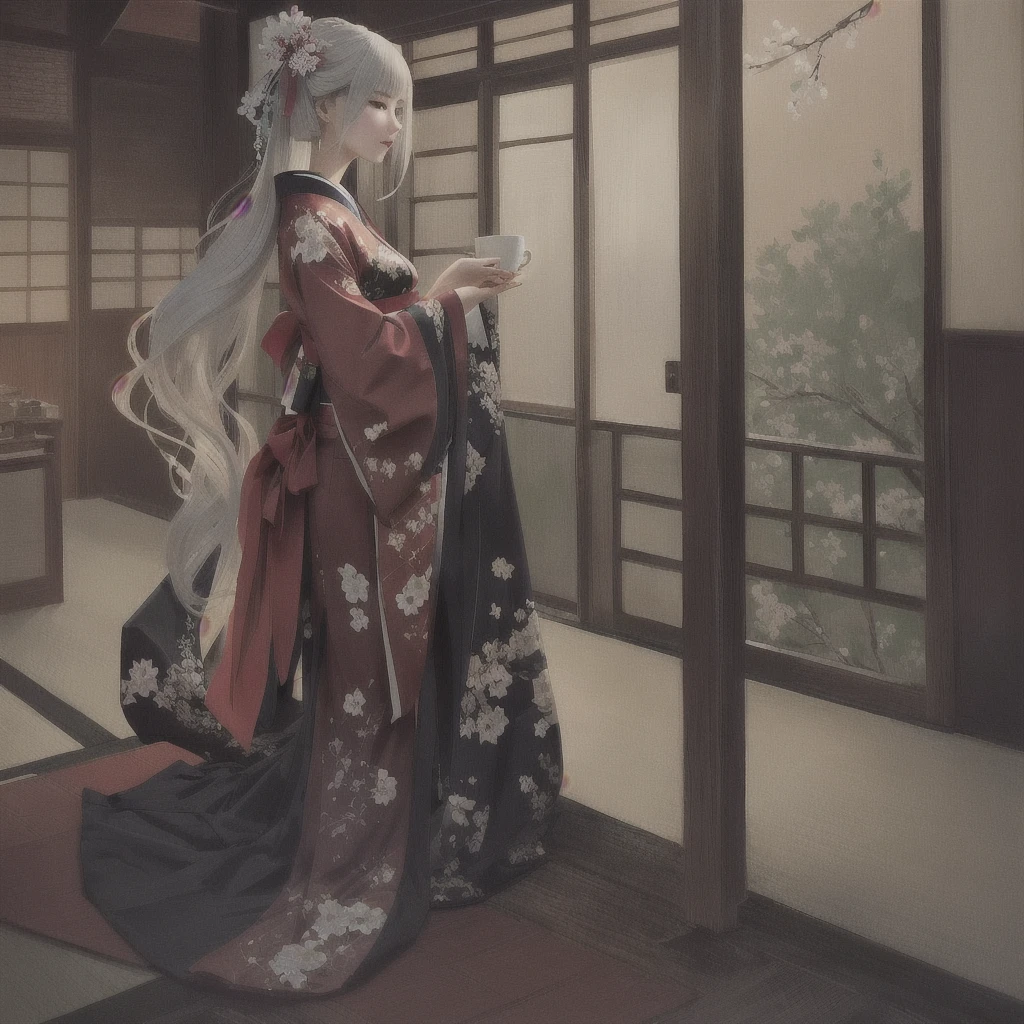 anime - style woman In kimono outfit holding a cup of coffee, Gwaiz on pixiv artstation, Gwaiz on artstation pixiv, artwork in the style of Gwaiz, Gwaiz, palace ， Girl in Hanfu, Gwaiz masterpiece, Digital art on pixiv, artstation pixivでトレンド, In kimono