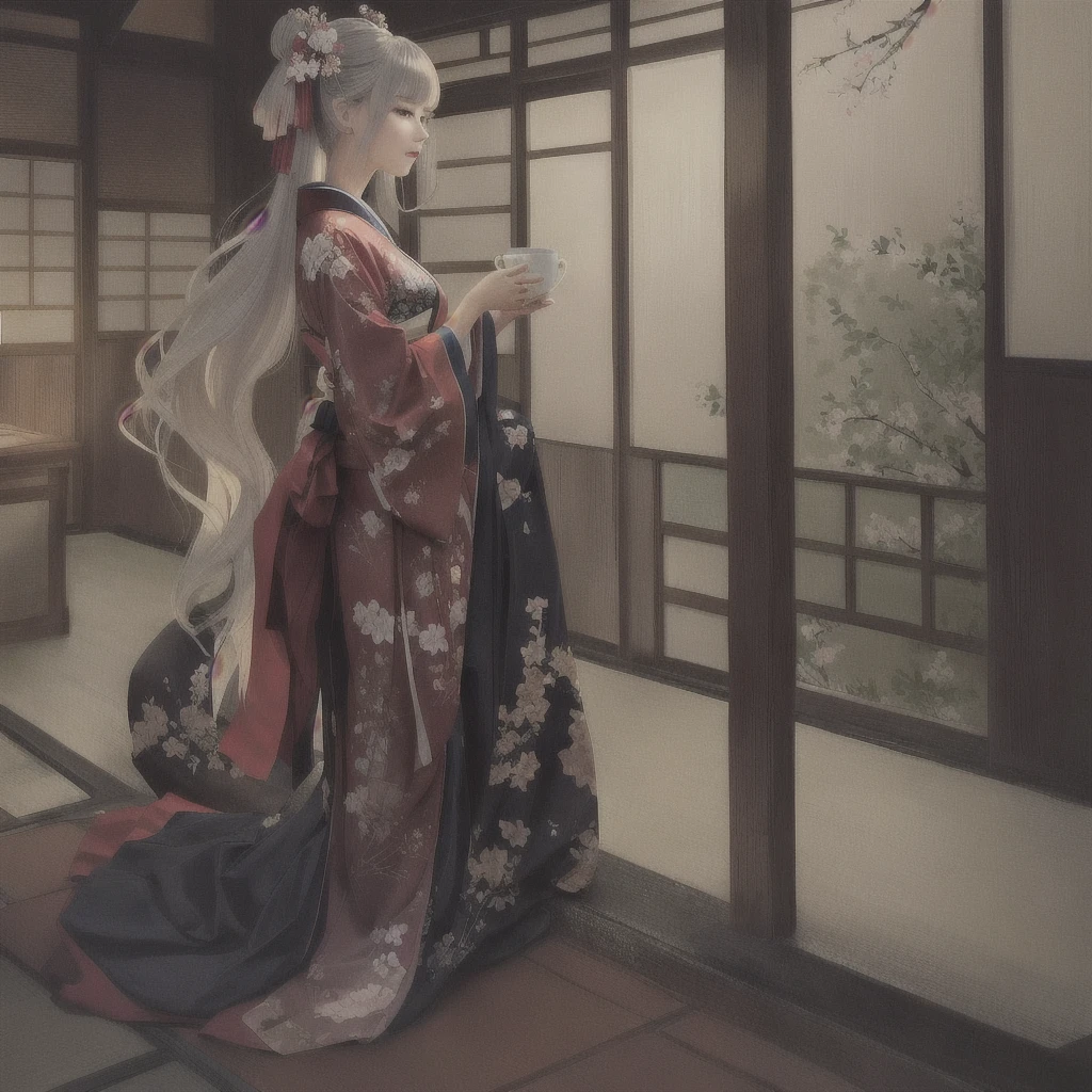 anime - style woman In kimono outfit holding a cup of coffee, Gwaiz on pixiv artstation, Gwaiz on artstation pixiv, artwork in the style of Gwaiz, Gwaiz, palace ， Girl in Hanfu, Gwaiz masterpiece, Digital art on pixiv, artstation pixivでトレンド, In kimono