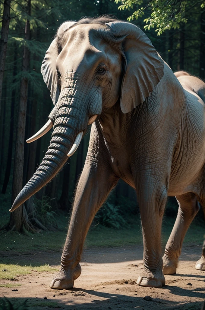 Create an ultra-realistic image of a magical creature that combines elements of an elephant and a horse, inspired by Greek mythology. This unique creature should have the majestic body and strength of an elephant, but with the elegance and grace of a horse.
The creature's body should be massive and muscular, covered in a thick, leathery skin that resembles the texture of an elephant's hide but with a sleek, glossy sheen. Its legs should be long and powerful, similar to a horse's, allowing it to move with both strength and agility. The feet should end in large, rounded hooves that combine the features of both animals.
The creature's head should blend the features of both an elephant and a horse. It should have a long, graceful neck like a horse, but with the iconic trunk of an elephant, which should be adorned with intricate, mystical patterns glowing faintly. The ears should be large and fan-like, similar to an elephant's, but with a more streamlined and elegant shape. The eyes should be large, expressive, and filled with wisdom, reflecting the creature's ancient and magical nature.
The creature should have a flowing mane like a horse, but made of shimmering, ethereal strands that ripple and glow with magical energy. The tail should also blend elements of both animals, being long and powerful like an elephant's, but ending in a tuft of flowing hair like a horse's mane.
The setting should be a mystical, enchanted forest with towering ancient trees, glowing plants, and a magical, ethereal atmosphere. The creature should be depicted in a majestic pose, perhaps rearing up on its hind legs or gracefully striding through the forest. The overall scene should evoke a sense of awe and wonder, highlighting the beauty and power of this unique, mythical creature