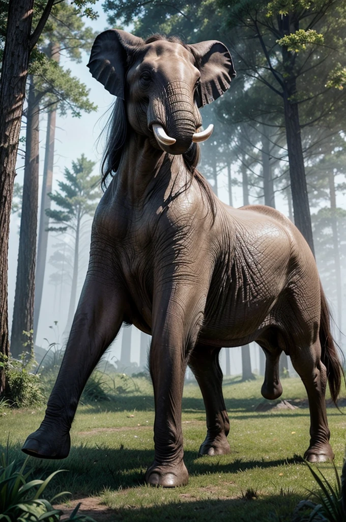 Create an ultra-realistic image of a magical creature that combines elements of an elephant and a horse, inspired by Greek mythology. This unique creature should have the majestic body and strength of an elephant, but with the elegance and grace of a horse.
The creature's body should be massive and muscular, covered in a thick, leathery skin that resembles the texture of an elephant's hide but with a sleek, glossy sheen. Its legs should be long and powerful, similar to a horse's, allowing it to move with both strength and agility. The feet should end in large, rounded hooves that combine the features of both animals.
The creature's head should blend the features of both an elephant and a horse. It should have a long, graceful neck like a horse, but with the iconic trunk of an elephant, which should be adorned with intricate, mystical patterns glowing faintly. The ears should be large and fan-like, similar to an elephant's, but with a more streamlined and elegant shape. The eyes should be large, expressive, and filled with wisdom, reflecting the creature's ancient and magical nature.
The creature should have a flowing mane like a horse, but made of shimmering, ethereal strands that ripple and glow with magical energy. The tail should also blend elements of both animals, being long and powerful like an elephant's, but ending in a tuft of flowing hair like a horse's mane.
The setting should be a mystical, enchanted forest with towering ancient trees, glowing plants, and a magical, ethereal atmosphere. The creature should be depicted in a majestic pose, perhaps rearing up on its hind legs or gracefully striding through the forest. The overall scene should evoke a sense of awe and wonder, highlighting the beauty and power of this unique, mythical creature