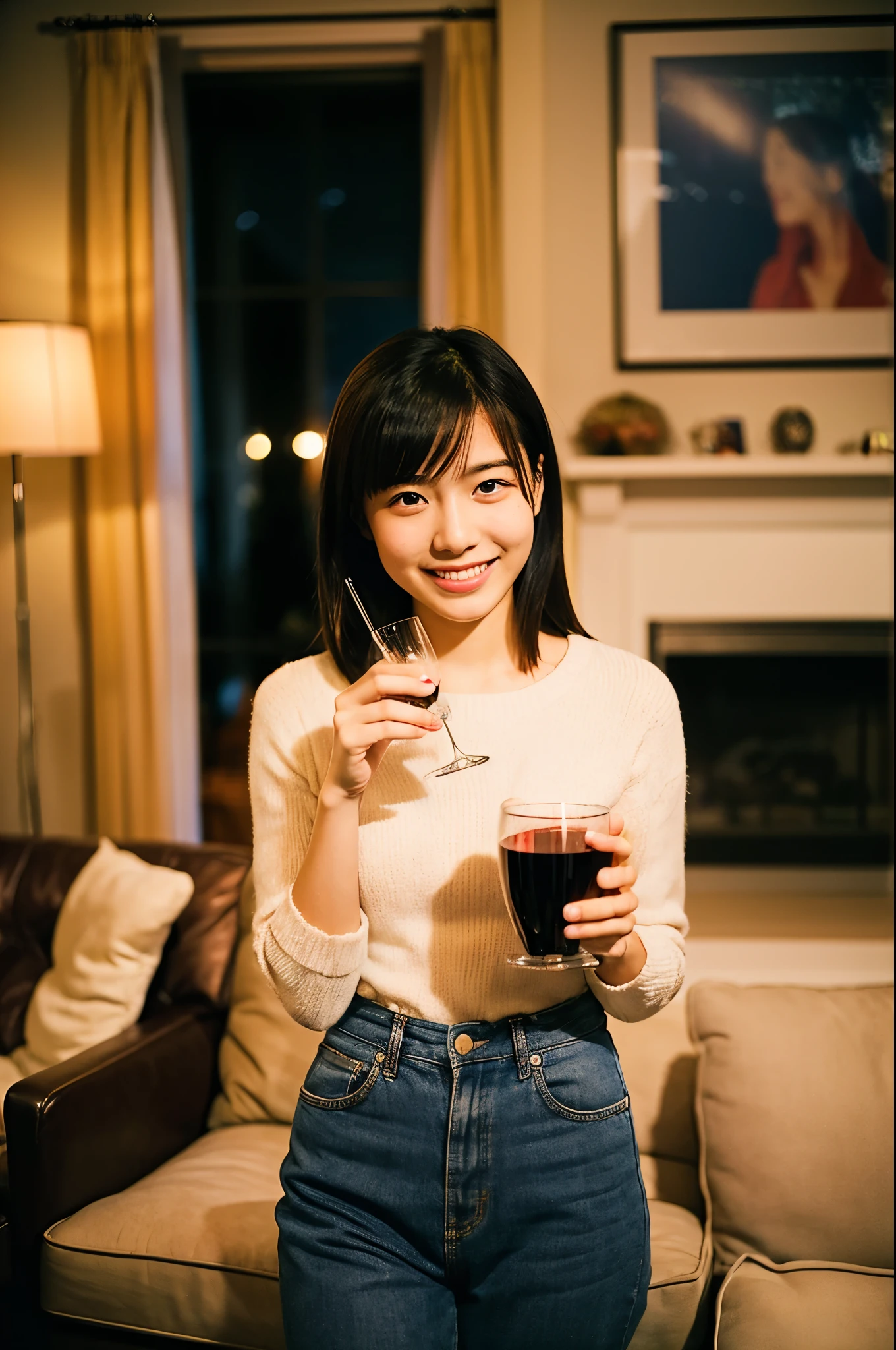 Very cute 16 year old Japanese woman, corners of mouth turned up, gentle smile, muffin top, detailed face, detailed body with nice curves, drinking wine in the living room. Late night, movie photography, Leica 50 mm prime lens, Cine Steel 800T film, art color photography