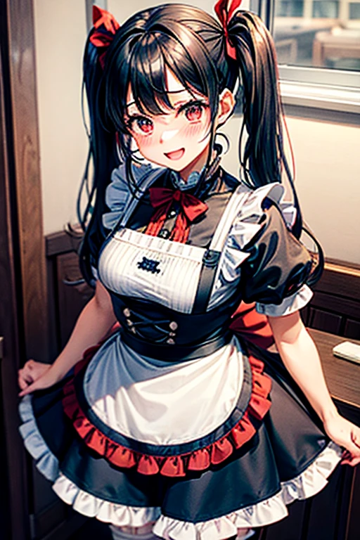 One adult woman,hair_Navy Blue,Twin tails,big tail,Cafe Waitress,apron,eye_pink,Red ta Fashion,Red Uniform,one piece,ストライプribbon,Frills,ribbon,Laughter,blush,Big