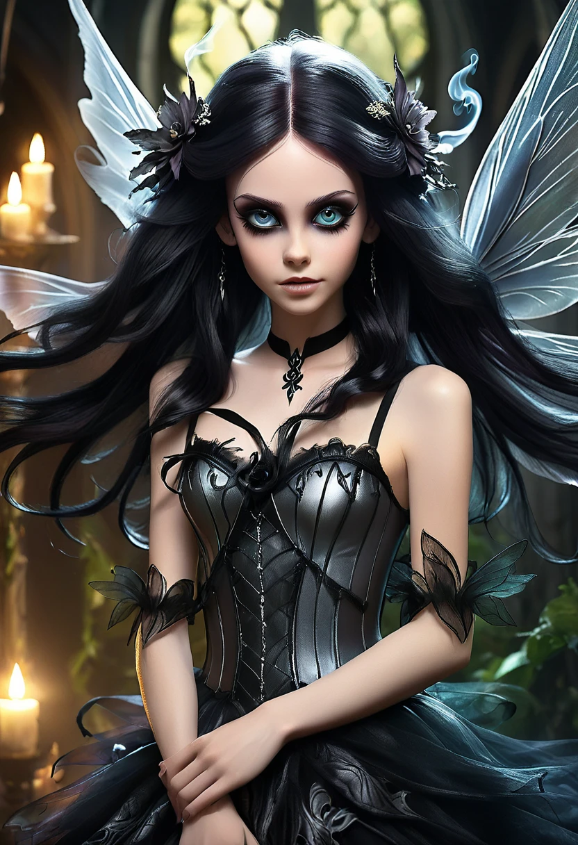 Anime personage, A beautiful ethereal cute dak fairy, gothic aethestics, smoke effects, dark long hairr, deep dark fairy wings, big detailed eyes. The scene is rich with dark fantasy elements, dramatic lighting, Captured in a dramatic and cinematic style, in dinamic composition, the image blends video game art illustration with movie picture influences.