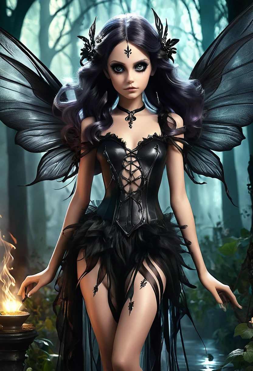 Anime personage, A beautiful ethereal cute dak fairy, gothic aethestics, smoke effects, dark long hairr, deep dark fairy wings, big detailed eyes. The scene is rich with dark fantasy elements, dramatic lighting,  Captured in a dramatic and cinematic style, in dinamic composition, the image blends video game art illustration with movie picture influences.