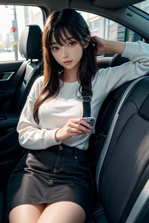 A girl sitting in her car pressing phone