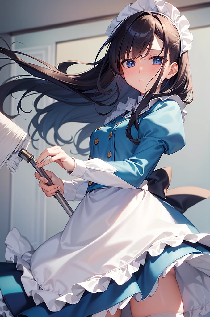 masterpiece, best quality,1girl, solo,whtie hair,medium hair,blue eyes,long sleeves,juliet sleeves,apron,maid,maid headdress,puffy sleeves,green dress,vest,buttons, white thighhighs,standing, looking at viewer, nose blush, (holding mop:1.3), (from below:1.3),