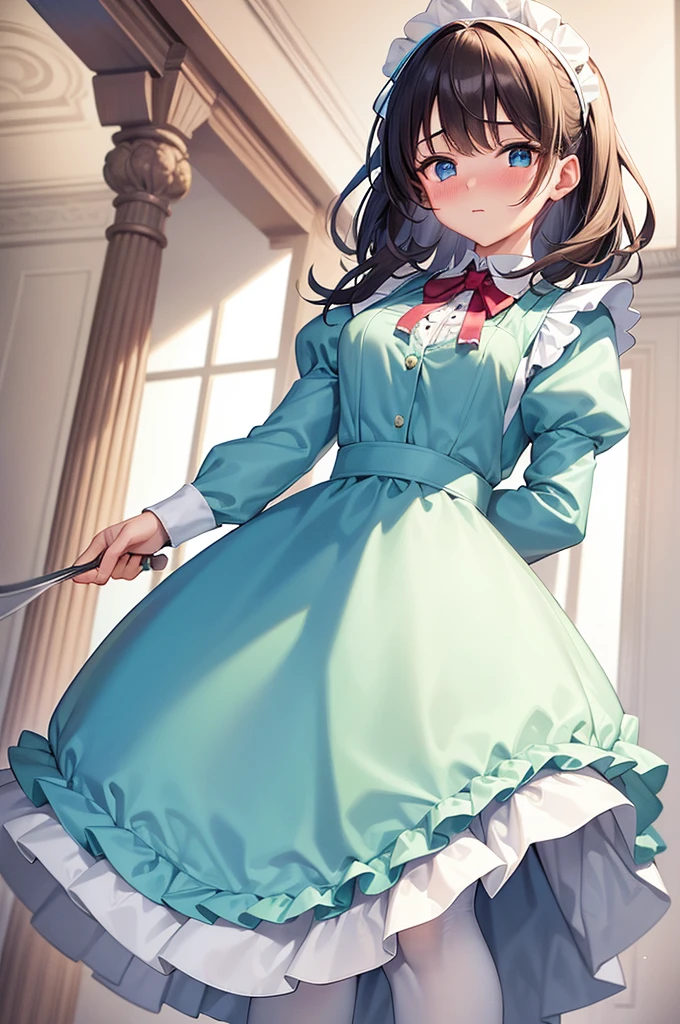 masterpiece, best quality,1girl, solo,whtie hair,medium hair,blue eyes,long sleeves,juliet sleeves,apron,maid,maid headdress,puffy sleeves,green dress,vest,buttons, white thighhighs,standing, looking at viewer, nose blush, (holding mop:1.3), (from below:1.3),