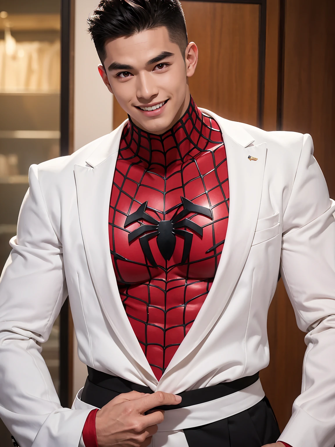 A man with black hair, pink highlights, black eyes, a handsome face, Full chest muscles, Buzz cut,Stylish short hair,a mischievous smile, eyebrow piercing, nose piercing, wearing a Spider-Man costume. Face looks like a Chinese man A little muscular sexy poses and hugged the neck of a tall man with white hair, red eyes, and a mischievous smile. Wear a white suit and have long hair. His face was handsome, tall, muscular, and smiling. He held a katana.