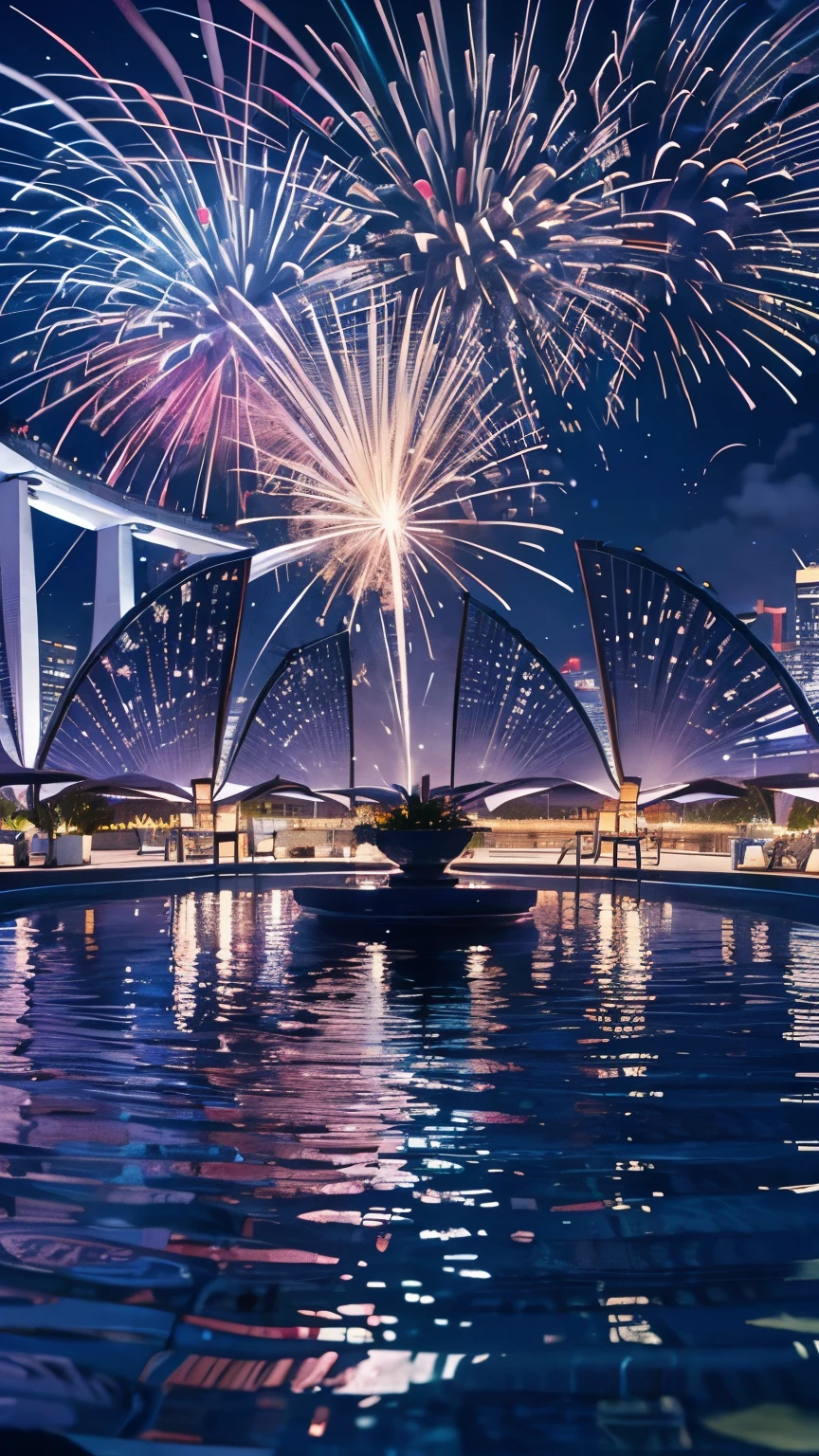 Highest quality, Super quality, 16K, Incredibly absurd, Very detailed, delicate and dynamic, SFW, Natural light, Small particles reflect light, Diffuse reflection of light, Vortex of Light, Lots of starlight, fire works, roof top pool of Marina Bay Sands Singapore, night, moon, 水面にmoonが映る, night景, Create amazing image effects, pool side bar, pool party, Sumptuous cuisine, Upper body close-up, (, cute sexy three girls, Many girls in swimsuits, big busts, Sensual expression, peacefulness, Elegant, Charm, lure, Pool party with my girlfriend, , pool side bar, , シンガポールのnight景, black long hair, Chic swimwear, Sumptuous cuisine, , Pour water on, Splash )