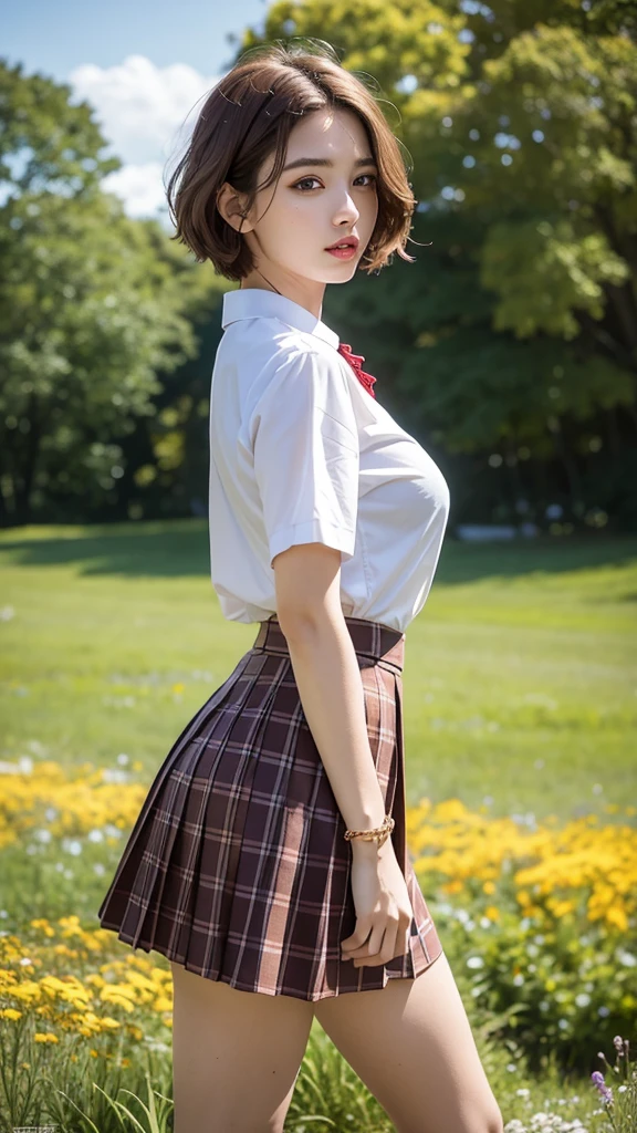 NSFW, 8k RAW photos, best quality, masterpiece, ultra high resolution, film grain, movie, 1 woman, looking at viewer, natural skin texture, Realistic eye and facial details, full Lips, Lipstick, (assembly), Red eyeshadow, fluffy short hair, messy hair, laugh, 입을 다water다, beautiful leg, tall woman, thin, slim_leg, alone, huge breasts, split, Pose with your butt facing forward., Very short skirt, ~am, shirt, beautiful natural location, Around the flower field, (detailed background), plaid skirt, white shirt, huge breasts, split, Show a little split through the shirt, loafers, haziness background, haziness, possession, plaid, short sleeve, JK Ribbon on the neck, JK Ribbon, brown hair, bracelet, water, forehead, , bijouterie, parted Lips, Lips, from the side, pleated skirt, depth of field
