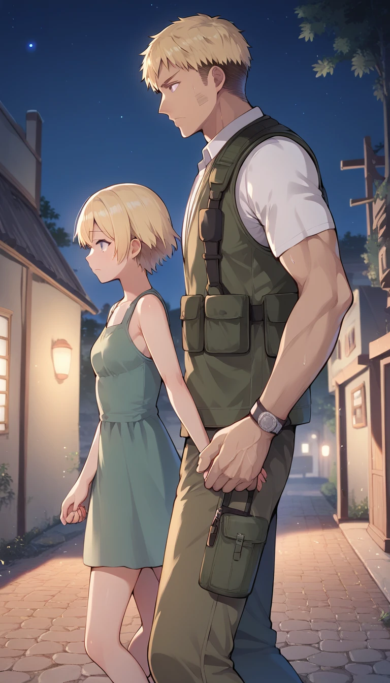 score_9, score_8_up, score_7_up, source_anime BREAK 
1girl, yo, _young, from side, small breasts, (girl dirty casual dress), holding hand in another's hand, blonde short hair, grey eyes, sad face, town ruins, outdoors, walking, ((size difference:1.5)), male face out of frame, (male cargo vest, pants), ((night scene background:1.3))