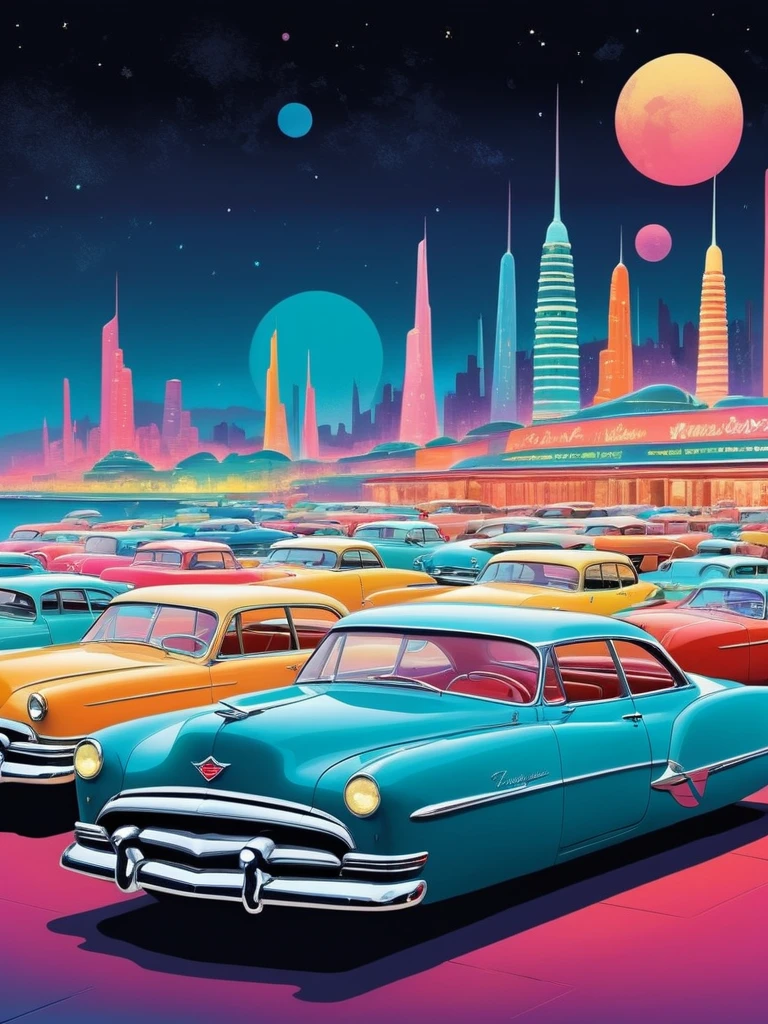 1950s retro futuristic night illustration, cars of all colors, (Wandering_car:1.5), 

Ink painting style, traditional media