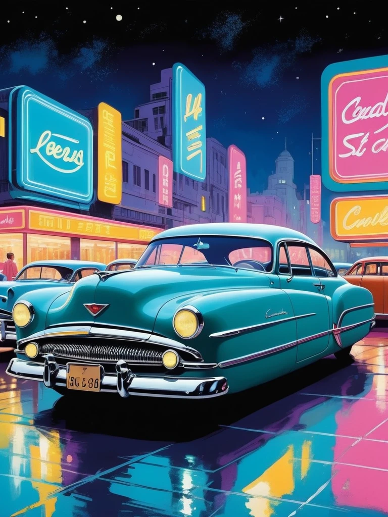 1950s retro futuristic night illustration, cars of all colors, (Wandering_car:1.5), 

Ink painting style, traditional media