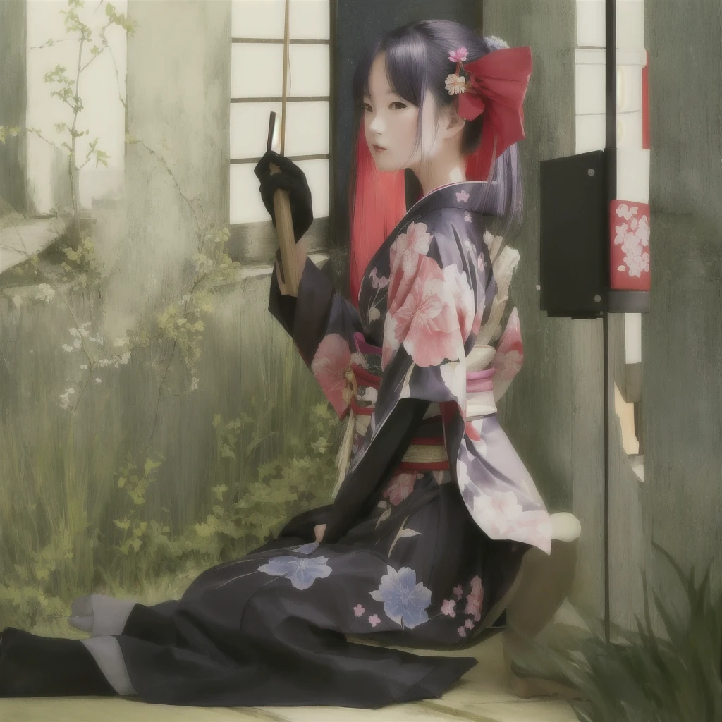 anime girl in kimono outfit sitting on floor with umbrella, in a kimono, in kimono, Anime girl crouching, wearing kimono armor, wearing a kimono, Inspired by Sukenori Nishikawa, Inspired by Otake's bamboo leaves, wearing kimono, japanese kimono, kimono, Beautiful anime girl crouching, geisha, wearing kimono armour