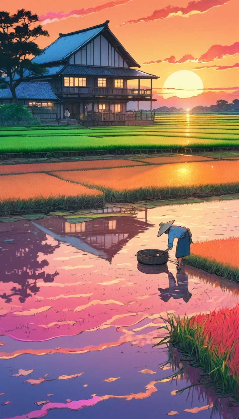 Digital Illustration, In the vibrant sunset、Farmer tending to rice field, The pink and orange sky is reflected on the flooded terrace, Art Style: watercolor, Art inspiration: Studio Ghibli, camera: 35mm, shot: ミディアムshot, Rendering-related information: High resolution, Soft Light, Color Splash, beautiful