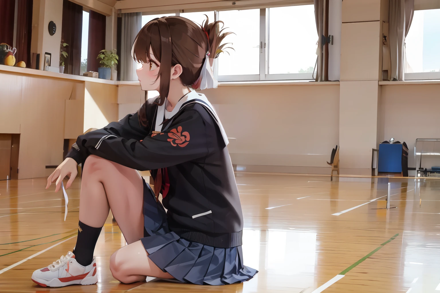 A female student in a sailor uniform sitting on the floor of the gymnasium and watching a physical education class because she feels unwell,(masterpiece, best quality:1.2),illustration,8K,HD,1girl,独奏,upper body,(portrait:1.2),brown_hair,folded_ponytail,brown_eyes,serafuku,long_hair,school_uniform,skirt,pleated_skirt,