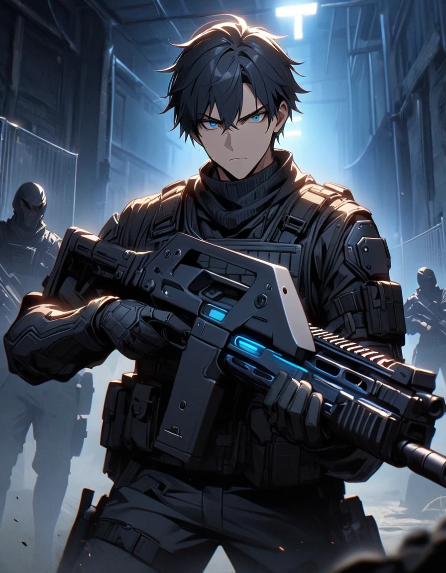 Masterpiece, best quality, 1 person, 30 year old man, Focus Man, alone, alone focus, black hair, Turquoise eyes, black bulletproof vest, Mercenaries, (holding an assault rifle(and)), Standing position, Standing shooting position, Behind the scenes at the training field,Shooting Practice, serious, solemn face, dangerous atmosphere,short hair,black hair,blue eyes,ถือปืน and47.