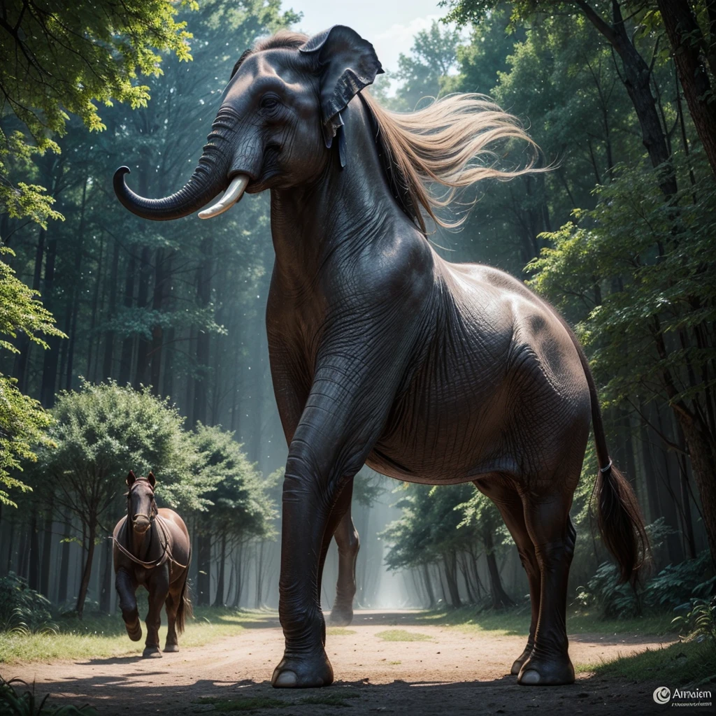Create an ultra-realistic image of a magical creature that combines elements of an elephant and a horse, inspired by Greek mythology. This unique creature should have the majestic body and strength of an elephant, but with the elegance and grace of a horse.
The creature's body should be massive and muscular, covered in a thick, leathery skin that resembles the texture of an elephant's hide but with a sleek, glossy sheen. Its legs should be long and powerful, similar to a horse's, allowing it to move with both strength and agility. The feet should end in large, rounded hooves that combine the features of both animals.
The creature's head should blend the features of both an elephant and a horse. It should have a long, graceful neck like a horse, but with the iconic trunk of an elephant, which should be adorned with intricate, mystical patterns glowing faintly. The ears should be large and fan-like, similar to an elephant's, but with a more streamlined and elegant shape. The eyes should be large, expressive, and filled with wisdom, reflecting the creature's ancient and magical nature.
The creature should have a flowing mane like a horse, but made of shimmering, ethereal strands that ripple and glow with magical energy. The tail should also blend elements of both animals, being long and powerful like an elephant's, but ending in a tuft of flowing hair like a horse's mane.
The setting should be a mystical, enchanted forest with towering ancient trees, glowing plants, and a magical, ethereal atmosphere. The creature should be depicted in a majestic pose, perhaps rearing up on its hind legs or gracefully striding through the forest. The overall scene should evoke a sense of awe and wonder, highlighting the beauty and power of this unique, mythical creature