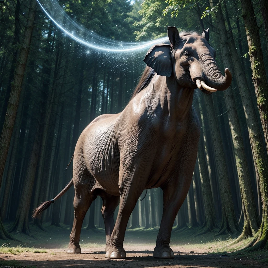 Create an ultra-realistic image of a magical creature that combines elements of an elephant and a horse, inspired by Greek mythology. This unique creature should have the majestic body and strength of an elephant, but with the elegance and grace of a horse.
The creature's body should be massive and muscular, covered in a thick, leathery skin that resembles the texture of an elephant's hide but with a sleek, glossy sheen. Its legs should be long and powerful, similar to a horse's, allowing it to move with both strength and agility. The feet should end in large, rounded hooves that combine the features of both animals.
The creature's head should blend the features of both an elephant and a horse. It should have a long, graceful neck like a horse, but with the iconic trunk of an elephant, which should be adorned with intricate, mystical patterns glowing faintly. The ears should be large and fan-like, similar to an elephant's, but with a more streamlined and elegant shape. The eyes should be large, expressive, and filled with wisdom, reflecting the creature's ancient and magical nature.
The creature should have a flowing mane like a horse, but made of shimmering, ethereal strands that ripple and glow with magical energy. The tail should also blend elements of both animals, being long and powerful like an elephant's, but ending in a tuft of flowing hair like a horse's mane.
The setting should be a mystical, enchanted forest with towering ancient trees, glowing plants, and a magical, ethereal atmosphere. The creature should be depicted in a majestic pose, perhaps rearing up on its hind legs or gracefully striding through the forest. The overall scene should evoke a sense of awe and wonder, highlighting the beauty and power of this unique, mythical creature