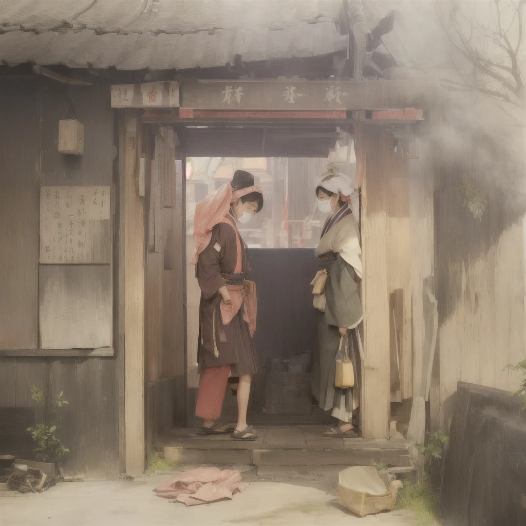 Two people with umbrellas standing outside a building, by Shimo, Painted in an anime artist's studio, by Kamisaka Sekka, Zerochan Art, Created by Anime Painter Studio, Singey, Xin Haicheng, guweiz on pixiv artstation, Guweiz and Makoto Shinkai, Beautiful artwork illustration 1. Scenery and Cityscape in the Early Meiji Era
After the Meiji Restoration, Japan underwent rapid modernization and civilization. Consequently, many changes and reforms occurred. Below is a detailed explanation of the scenery, appearance of the poor, occupations, and cityscapes in the early Meiji period (1868 to the early 1880s).
2. Appearance of the Poor
Life for the impoverished and lower classes remained harsh. In particular, in urban areas, people migrated from rural areas or unemployed artisans gathered, intensifying competition in the labor market. Many of them struggled with poverty, often residing in slums or around temples.
3. Occupations
Meiji early Japan witnessed a diversification of occupations. Traditional agriculture and handicrafts were accompanied by the rise of modern industry and commerce. Particularly in urban areas, factory workers, shop clerks, and transporters increased, giving rise to new professions. However, many in these occupations endured harsh working conditions.
4. Influence of Civilization and Enlightenment
During the Meiji era, Western cultural influences spread rapidly. Changes in clothing, dietary habits, and the proliferation of Western-style architecture advanced, especially in urban areas. Conversely, this development posed a threat to traditional culture and lifestyles, resulting in societal upheaval and adaptation challenges.
5. Social Change and Policy Influence
While promoting modernization policies, the government also addressed poverty and social issues. Legislation for labor protection and charitable activities to aid the poor were implemented. Nevertheless, living conditions for the impoverished scarcely improved.
The early Meiji period marked a rapid transformation in Japan, with complex social landscapes involving challenges faced by the poor and l
