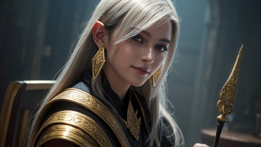 Highest quality,masterpiece,masterpiece portrait,Intricate details,Magnificent Light,Fantasy,Dungeons & dragon,Retro,priest,Dark Elf,One girl,Wooden table,Shoulder strap,Grey Skin,Elegant smile,squint,Close-up portrait of a Mycenaean Drow woman wearing gold jewelry, Spider:0.9, web:1.0, Fantasy, Volumetric lighting, コンセプトart, Brush Stroke Style, artステーション, trend, Very detailed, art：Greg Rutkowski  