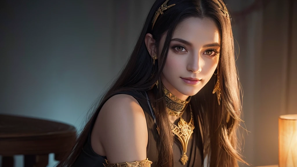 Highest quality,masterpiece,masterpiece portrait,Intricate details,Magnificent Light,Fantasy,Dungeons & dragon,Retro,priest,Dark Elf,One girl,Wooden table,Shoulder strap,Grey Skin,Elegant smile,squint,Close-up portrait of a Mycenaean Drow woman wearing gold jewelry, Spider:0.9, web:1.0, Fantasy, Volumetric lighting, コンセプトart, Brush Stroke Style, artステーション, trend, Very detailed, art:Greg Rutkowski