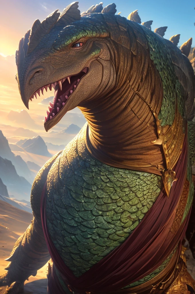 A male dinosaur person with feathers, round belly, merchant, (best quality,4k,8k,highres,masterpiece:1.2),ultra-detailed,(realistic,photorealistic,photo-realistic:1.37),fantasy creature,dungeons and dragons,digital art,concept art,epic,intricate details,highly detailed face,extremely detailed,detailed eyes,detailed scales,detailed clothing,cinematic lighting,warm colors,soft lighting