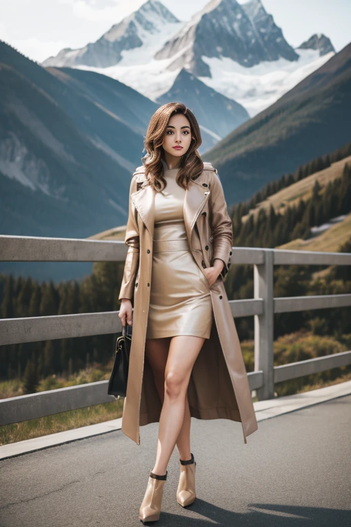 MILF in long, beige leather coat, and shoes, stoin against the backdrop of mountains