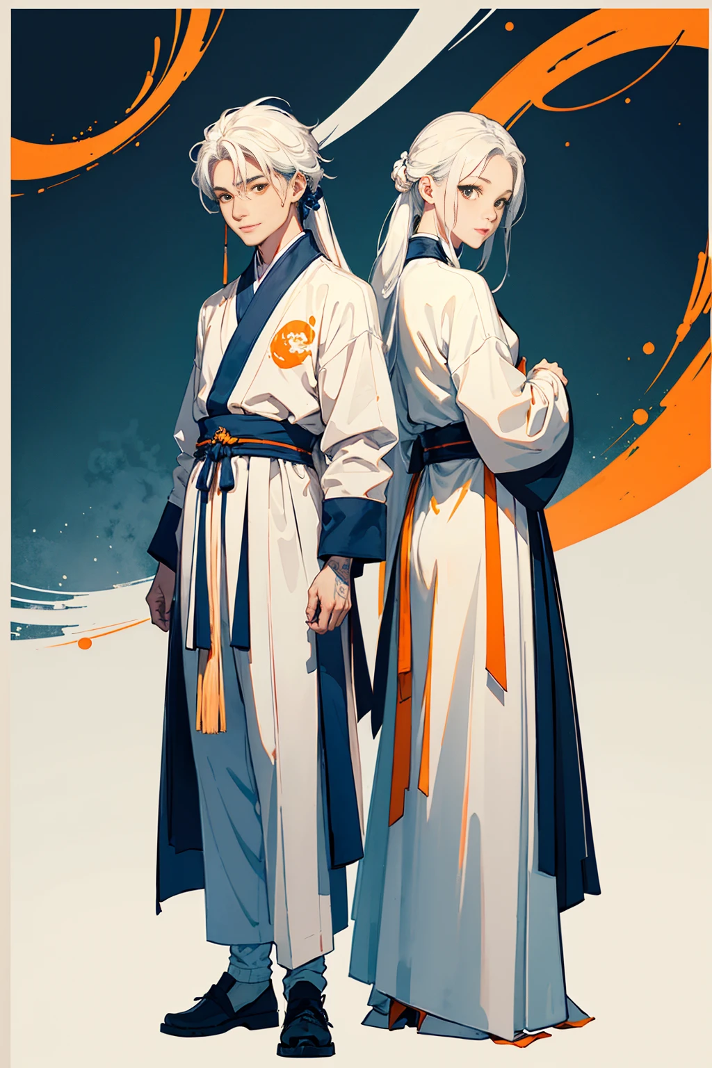high quality , one white hair girl and one white hair boy, long hair, wuxia character, ((white clothes with blue and orange accent)), ink painting background, flat background, minimalist background, wind pattern background, smiling, standing back to back