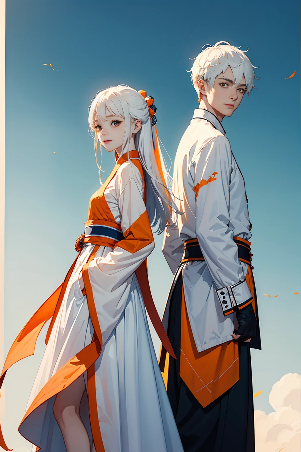 high quality , one white hair girl and one white hair boy, long hair, wuxia character, ((white clothes with blue and orange accent)), ink painting background, flat background, minimalist background, wind pattern background, smiling, standing back to back