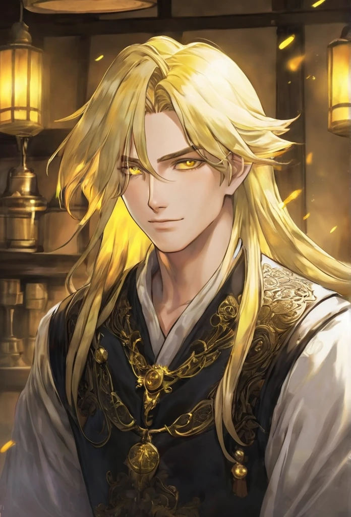 19 years old, male, human, tavern keeper, commoner, light yellow hair, shining gold eyes, inside the room