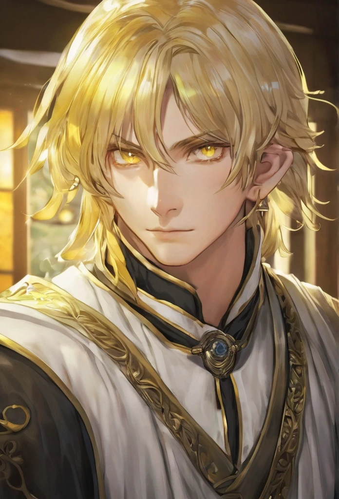 19 years old, male, human, tavern keeper, commoner, light yellow hair, shining gold eyes, inside the room